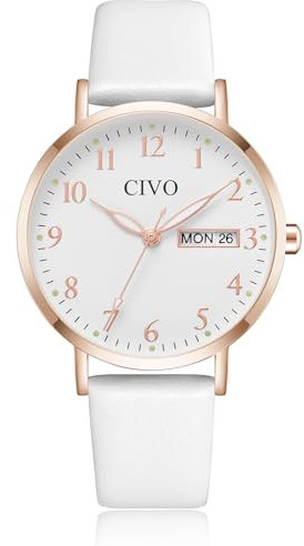 CIVO Damenuhr Lederarmband Weiß Analog: Elegant Uhren Damen Quarz Datum Wasserdicht Armbanduhr Frauen Minimalistisch Mode Kleid Geschenke für Damen