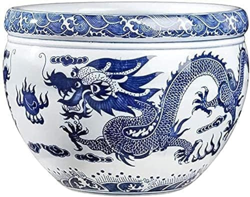 LWLYLCHBM Vaso da fiori in ceramica cinese antica riproduzione blu e bianca porcellana ciotola per pesci in ceramica vaso di fiori dipinto a mano piante verde antico vaso di fiori, giardinaggio