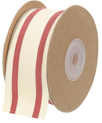 QUARKZMAN Naturale Cotone Righe Nastro 3,8cm x 9,1m Cotone Tessuto Nastro Rotolo Naturale con Rosso Grosgrain Nastro per Regalo Confezione Fai da Te Artigianato Fiocchi Creazione