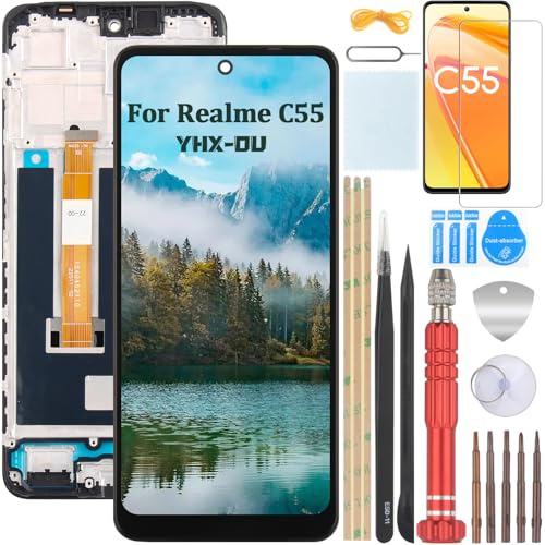 YHX-OU 6,72 tum svart ram display för Realme C55 RMX3710 LCD-skärm pekskärm Digitizer Assembly glas med verktyg 1 styck skyddsfilm