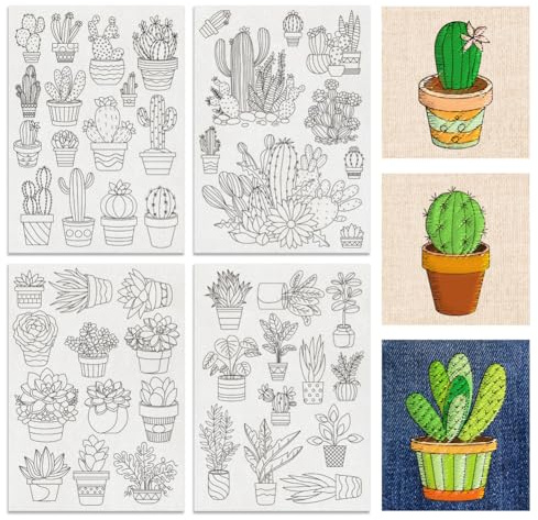 BENECREAT 4Sheets 48Pcs Topfpflanzen Wasserlösliche Stickerei, 29.7x21cm Kaktus Sukkulenten Stick und Stitch Stickerei Papier Stabilisator Wasserlöslich Hand Nähen für Hemden, Mäntel, Taschen