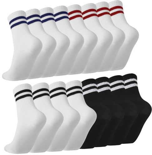 Jspupifip 8 Pair Striped Athletic Crew Socks, Moisture-Wicking Running Socks for Men & Women, Breathable Casual Gym Socks, blue/red/black/white stripes