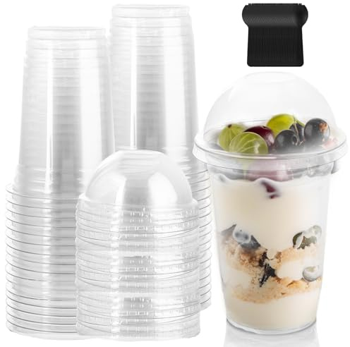 AHAQU 50PCS Dessert Cups with Lids, 500ml/17.6oz Reusable Parfait Cups, Clear Plastic Cups with Dome Lids (No Hole) for Fruit, Ice Cream, Candy, Cold Drinks