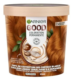 Garnier - Coloration Permanente - Sans Ammoniaque - 90% d'Ingrédients d'Origine Naturelle et Formule Vegan - Beurre de Karité - 100% Couverture Cheveux Blancs - Cuivré Épicé (7.43) - Good