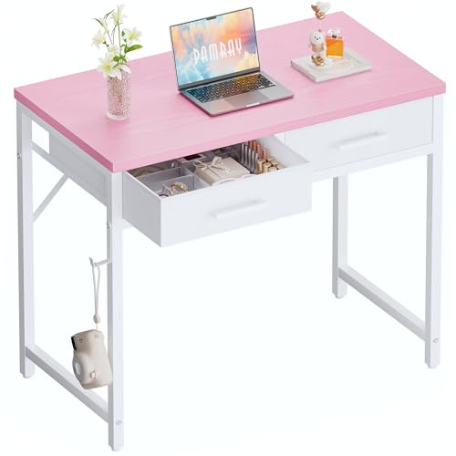 Pamray 32 Inch Small Computer Desk with 2 Drawers for Bedroom Study Writing Home Office Table for Small Spaces Pink