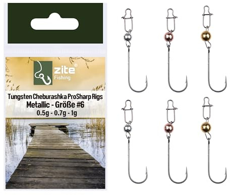 Zite Fishing Tungsten Cheburashka Set | 6 STK Pro Sharp Rigs UL | Cheburaschka Forellen-Haken | Baitholder Hooks #4 - #8 mit 0,5g/0,7g/1,0g Metallic Tungstenperle | Ultra Light Forellenköder