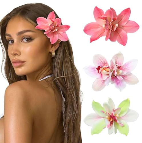 BelleVive 3 Stück Haarspangen für Damen mit hawaiianischem Licht und Orchideenblüten, Hochzeits-Haarspangen mit Hibiskusblüten