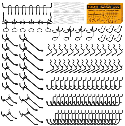 ELEAD 200-Piece Extra Thick Pegboard Hooks Set, 1/4 Heavy Duty Black Peg Board Organizer Accessories, Metal Pegboard Accessories with Pegs Lock, Peg Board Hooks for Hanging