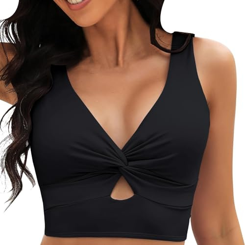 VaiKanhai Bikini 85 C Bikini Tops for Women Cropped Tankini Tops Beach Padded Knot Cut Out Adjustable Tank Swimwear Top, Nero , M