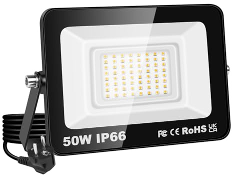PICAA Lampada da Esterno LED 50W IP66 5000lm, Luce da Parete Sicurezza 3000K Bianco Caldo, per Giardino Cortile Garage Patio Magazzino con Spina UE (1 pz)