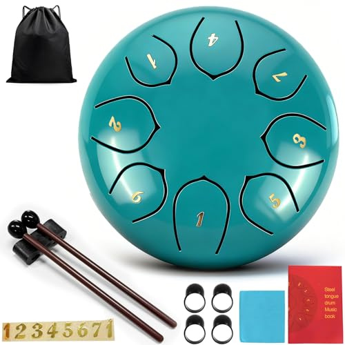 Taechalingo Zungentrommel 6 Zoll 8 Töne,Small Steel Tongue Drum,Steel Tongue Drum Klein,mit Zungentrommel Liederbuch,Schlagzeug Sticks und Stoffbeutel,Meditation Yoga Klangheilung