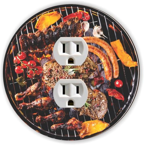Island Gifting - Grilled Meat and Vegetables on BBQ Design - Round Duplex Outlet Cover Plate, Decorative Wall Plate, Modern Electrical Outlet Cover for Home