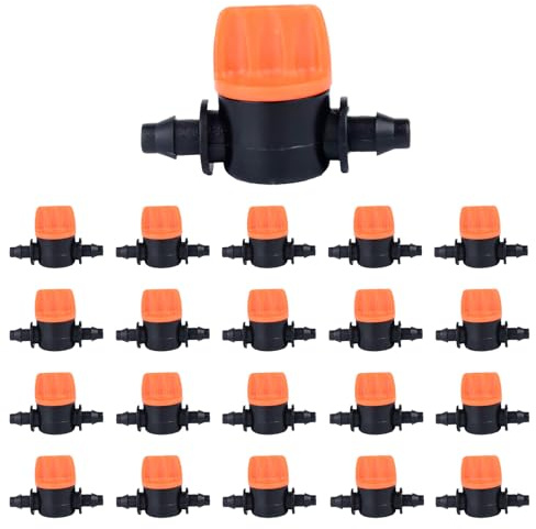 20 Stück Absperrventil mit Widerhaken für Tropfbewässerung, Kugelhahn Schlauchverbinder, 1/4 Zoll, 4/7mm, Ideal für Garten, Ackerland, Bewässerungssysteme – Robuste & Einstellbare Ventile
