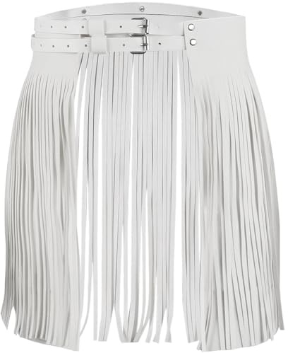 CALFOVERA Cinturón de Falda de Cuero Sintético Blanco con Flecos, Estilo Punk Occidental, Ancho, con Borlas, Estilo Gitano Vintage, Gótico, para Fiestas, Rave, para Mujer, Disfraz de Baile Rockero