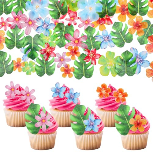 60 pièces de décoration de gâteau en papier comestible Hawaï, contient 40 pièces de fleurs comestibles et 20 pièces de feuilles de papier comestibles pour les décorations de cupcakes, décoration de gâ