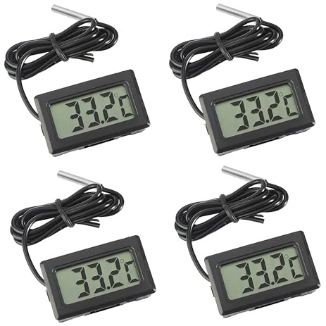 Elecbee 4PCS Digital Temperature Thermometer with Stainless Steel Waterproof External Probe, LCD Display Temperature Monitor, Probe Thermometer for Fridge, Freezer, Refrigerator, Aquarium, Car(Black)
