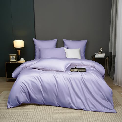 Luowei Mako Satin Bettwäsche 135x200 cm Baumwolle, 2‑teilig, Lila | 100% Baumwolle Seidig WeichBettwäsche-Set, Atmungsaktiv Luxuriös und Kühlend mit Reißverschluss und Kissenbezug 80x80