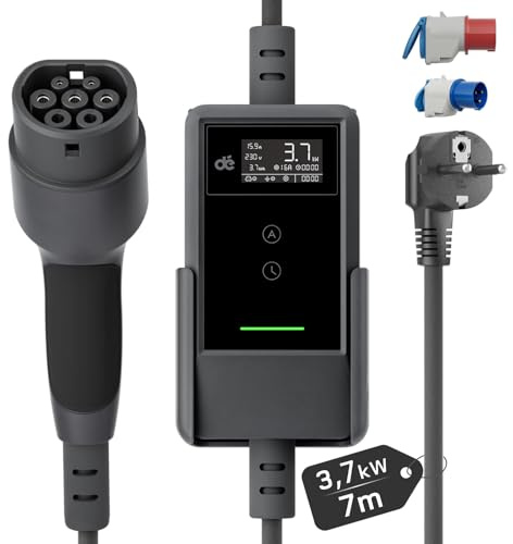 dé Charging Cable Electric Car Type 2 Schuko 3.7 kW [7 m, 6-16 A] EV Charger with Cable Holder and Adapter Set - EV Charger for E Car Model 3/Y, ID.3/4/5, MG4, Q4, GLA, Zoe and Other PHEV/EV