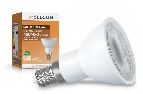 SEBSON E14 LED warmweiß 2,5W Klasse A, ersetzt 50W Halogen, ø50x70mm | LED E14 Leuchtmittel 450lm 3000K, 50W Halogenlampe Ersatz, LED Lampe 90°, Reflektor ø50x70mm, 230V, Energieklasse A