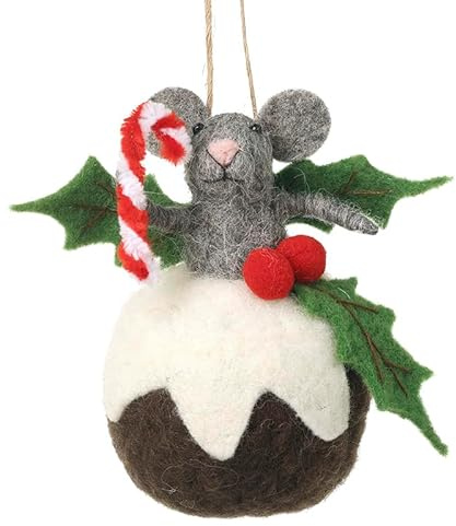 Heaven Sends Bola de Navidad de fieltro con diseño de ratón, decoración festiva para árbol con bastón de caramelo y acebo, 12 cm