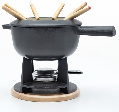 osoltus Fondue | Käsefondue | Fleischfondue Set Gusseisen dunkelgrau 6 Personen Emaille | 13 TLG. inklusive Holzbrett