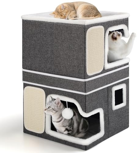 Cuccia pieghevole a 3 strati, per gatti di grandi dimensioni, 40 x 40 x 63 cm, per interni ed esterni, suddivisibile in 2 grandi gatti, con nascondiglio per gatti, grande cuccia per gatti con tavola