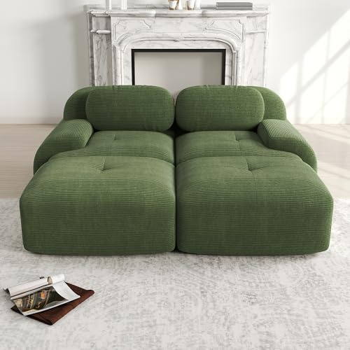 Ligterra Modulares 2 Sitzer Sofa aus Cordstoff, Ecksofa, Boneless Couch mit 2 Ottomane, Compressed Sofa, Ohne Montage & Rutschfester Unterseite, frei Kombinierbar, 208×178×75cm (Grün)