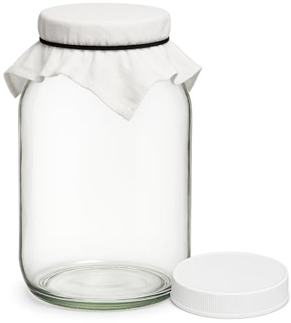 The Kombucha Company 1 Gallon Glass Jar with Plastic Lid, Cloth Top, and Rubber Band – Large Gallon Mason Jar with Lid for Sourdough Starter, Kombucha, Sun Tea, Pickling, and Storage Jug