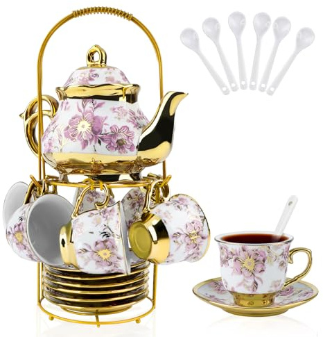 Hebaogugu 20Tlg Porzellan Tee Set mit Teekanne & Tasse, 700-ml-Teekannen-Set im Vintage-Stil mit Metallhaltern für den Nachmittagstee | Kaffee, ideale Geschenke für Teeliebhaber(Violett)