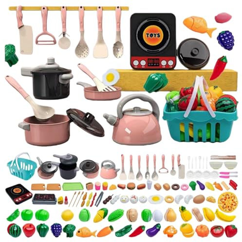 Juego de Cocina Infantil de 110 Piezas, Set de rol de Chef con Utensilios y Alimentos de Juguete, Rosa y Negro, para Niños y Niñas de 3 a 8 Años (Rosa 110 Piezas)