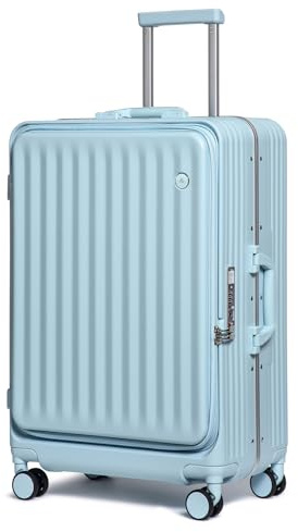 Somago Valise légère avec porte-gobelet et port USB, cadre en aluminium, valise rigide en polycarbonate avec serrure TSA, bleu ciel, 24 Inch Checked Luggage, Luaage PC léger avec porte-gobelet