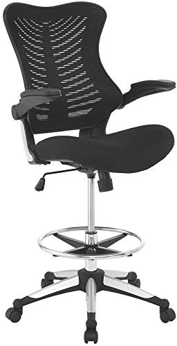Modway Charge Drafting Chair - Reception Desk Chair - Drafting Stool with Flip-Up Arms in Vinyl, Black