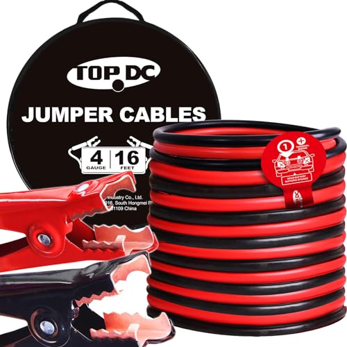 TOPDC 4 Gauge 16 Feet Jumper Cables for Car, SUV and Trucks Battery, Heavy Duty Automotive Booster Cables for Jump Starting Dead or Weak Batteries with Carry Bag(TD-P0416) | Heavy duty 4 Gauge jumper cables span 16 Feet for cars, SUVs and trucks, with a carry bag for storage.