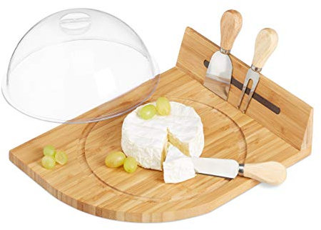 Relaxdays Käseglocke mit Bambus Käsebrett, Parmesanbrecher, Käsemesser, Käsegabel, magnetische Käseaufbewahrung, Natur