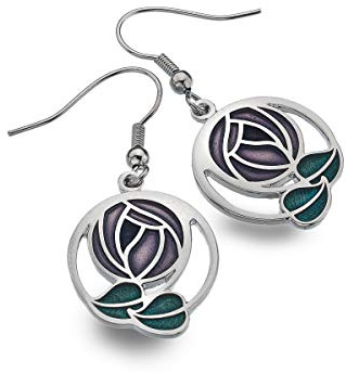 Rennie Mackintosh Inspired Rose and Leaf 20mm Hook Earrings (Purple)
