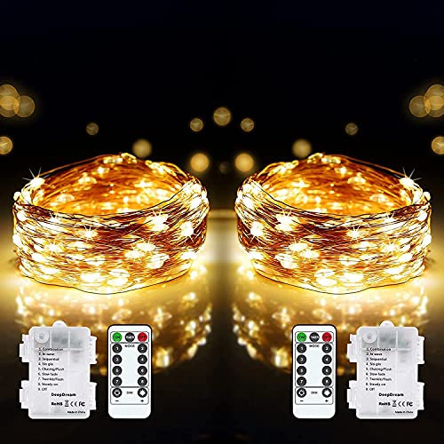 DeepDream 2 Pack LED Fairy Lights Battery Operated, 120LED 12M 8 Modes Copper Wire String Lights with Remote Timer for Bedroom,Christmas,Wedding Decoration(Warm White)