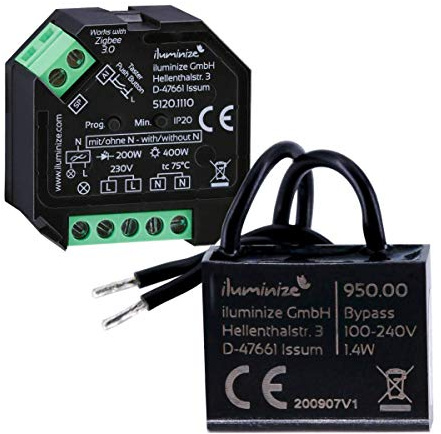 Set: iluminize Dimm-Aktor Mini 2, Zigbee-kompatibel, Dimmen per Phasen-AB-schnitt plus Bypass, 200W LED