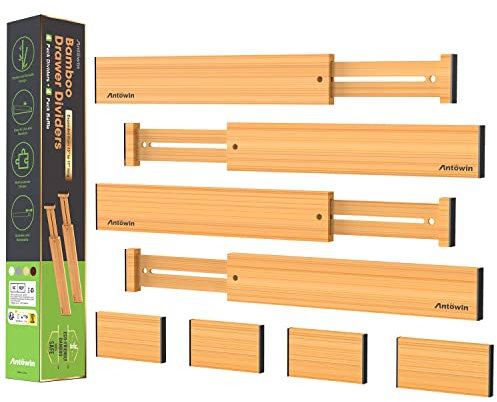 ANTOWIN Schubladentrenner Verstellbar Bambus (33-43 cm), Schubladen Organizer, Gefedert, Küche, Kommode, Badezimmer, Schlafzimmer, Babyschublade, Schreibtisch Ordnungssystem