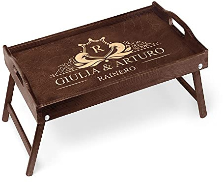 Maverton Tavolino Colazione a Letto Personalizzato a Laser - Tavolo Pieghevole - Colore Marrone Scuro - Vassoio Multifunzione - idee - regalo - per anniversario, matrimonio - Stema