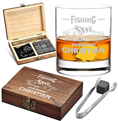 Lot de 5 pierres à whisky - Avec gravure personnalisable - 9 glaçons, 1 boîte en bois, 1 pince, 1 tumbler à whisky et 1 pochette en tissu - Réutilisables - Boissons et cocktails - Motif poisson