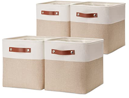 HNZIGE Foldable Storage Baskets(4 Pack) Cube Storage Baskets for Shelves,Storage Cubes for Organizing Closet,12x12 Baskets for Cube Storage,Home Organization with Handles(White&Beige)