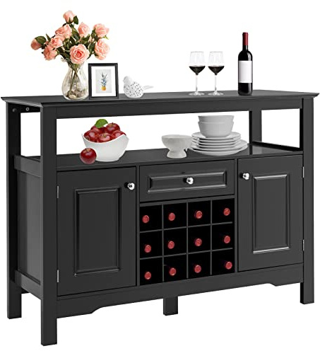 GOPLUS - Aparador de cocina con portabotellas extraíble para 12 botellas, cajón, 2 armarios, para cocina y salón, 116 x 40 x 82 cm, color negro