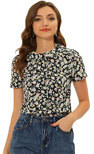 Allegra K Chemisier Floral Femme Rétro À Col Claudine Et Manches Courtes T-Shirts D'Été Casuel Boutonnage Noir S