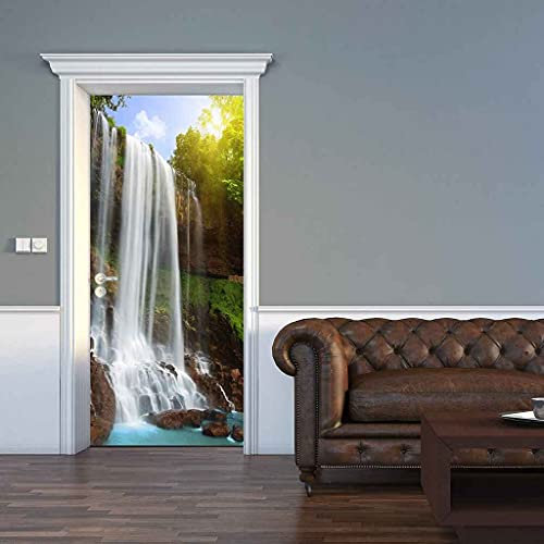 JGCAI Türposter Türfolie 3D Türtapete PVC Türtapeten Türaufkleber Türsticker 90x200cm Grüne Waldwasserfalllandschaft Poster Selbstklebend Türaufkleber Wandbild Für Tür Wohnzimmer Schlafzimmer Küche