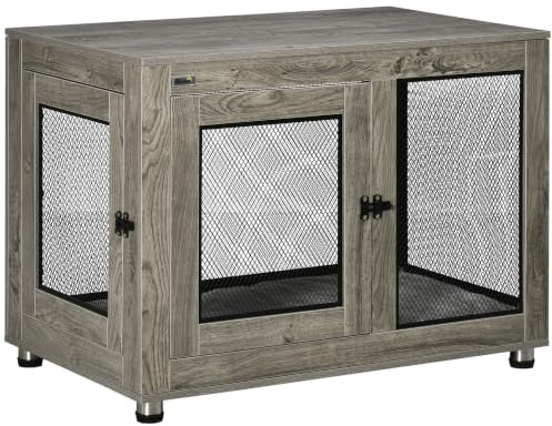 PawHut Dog Crate Furniture End Table w/Two Doors for Large Dogs, Grey | Soft Washable Cushion, Indoor Pet Kennel with Wire Mesh