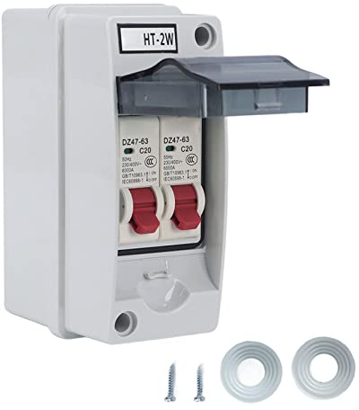 Disjoncteur miniature AC 230V/400V avec boîtier de distribution étanche, 2 disjoncteurs 6/16/20A et 20a avec boîtier étanche pour l'extérieur, MCB sur rail DIN(20A+20A)