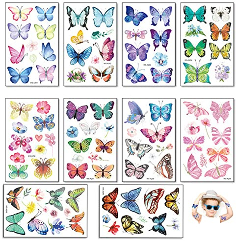 10 Blätter Schmetterling Tattoo Aufkleben，Schmetterling Temporäre Tattoos Set，für Kids Mädchen Kindergeburtstag Mitgebsel Schmetterling Party.