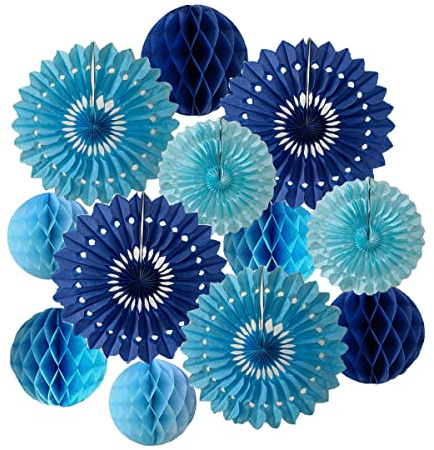 12pcs 6’’ 8’’ Honeycomb Balls Tissue Paper Fans Party Honeycomb Ball Fans Wall Decorations Tissue Pom Poms Flower Balls Hanging Paper Fans for Party Baby Shower Birthday Wedding Nursery(Blue kit)