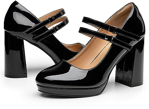 Trary Black Heels for Women, Mary Jane Shoes Platform Chunky Block High Heels with Buckle Strap Comfortable Dress Pumps for Office Party Casual Round Toe Pumps Shoes, Size 10