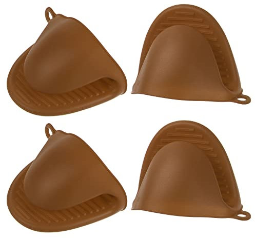 sourcing map 4pcs Thickened Mini Oven Gloves, Heat Resistant Silicone Oven Mitts Finger Pinch Grips Pot Holder for Kitchen, Cooking, Baking, BBQ Heat Resistant Gloves, Brown